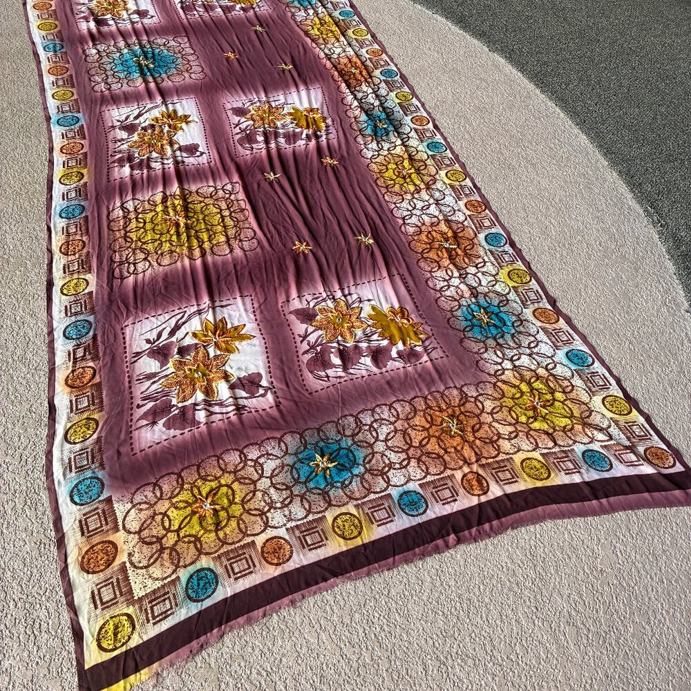 Brown/Blue/Green Chiffon Sari w/Gold Embroidered Flowers and White Rhinestones
